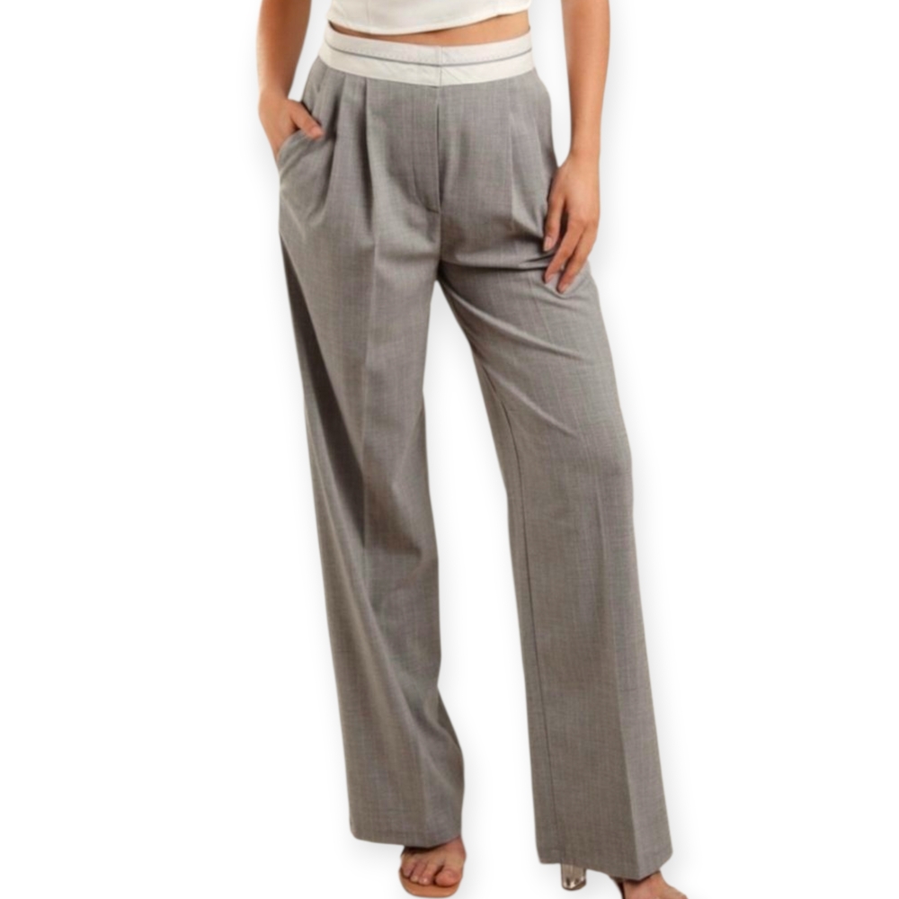 Galita Chic Gray Pinstripe Wide Leg Pleated Trousers L Workwear Tailored Preppy